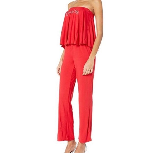 Bebe Embellished Logo Strapless Wide Leg Women's Jumpsuits True Red Size L - Picture 1 of 11
